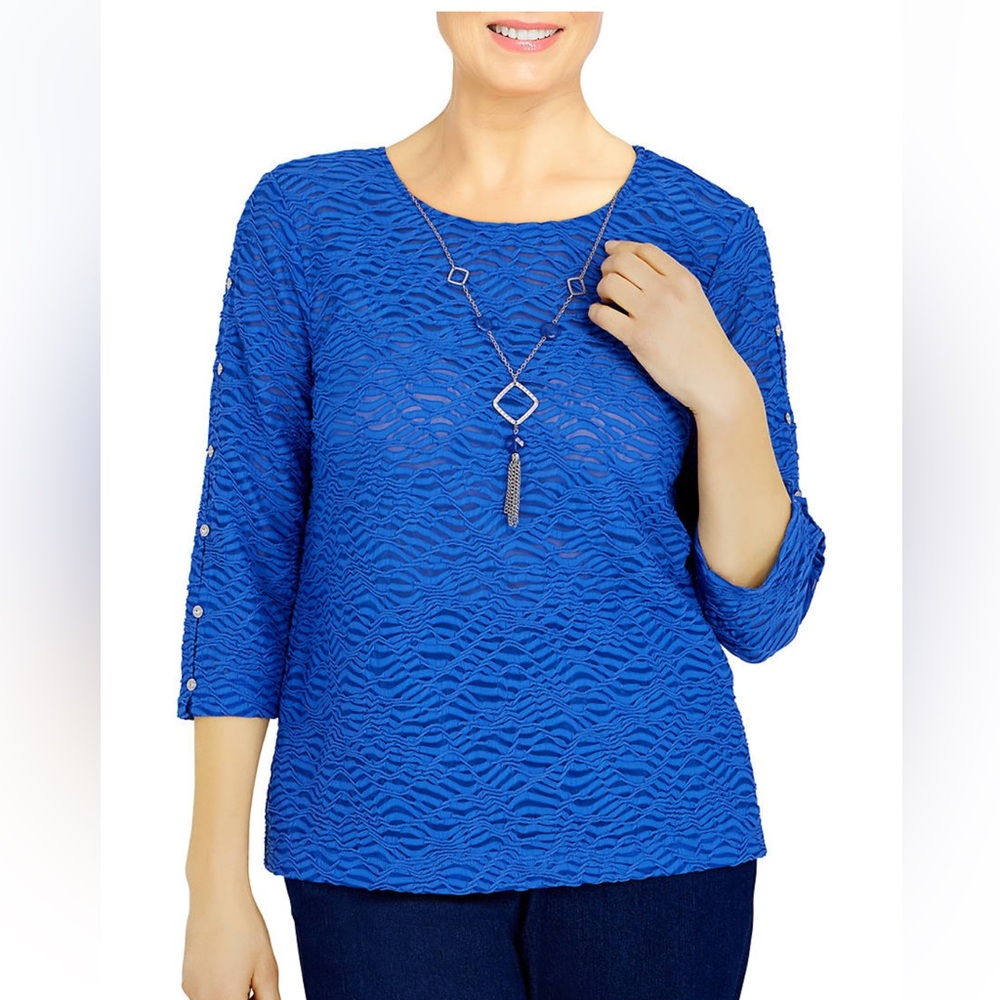 Alfred Dunner Blue Textured Blouse With Removable Necklace